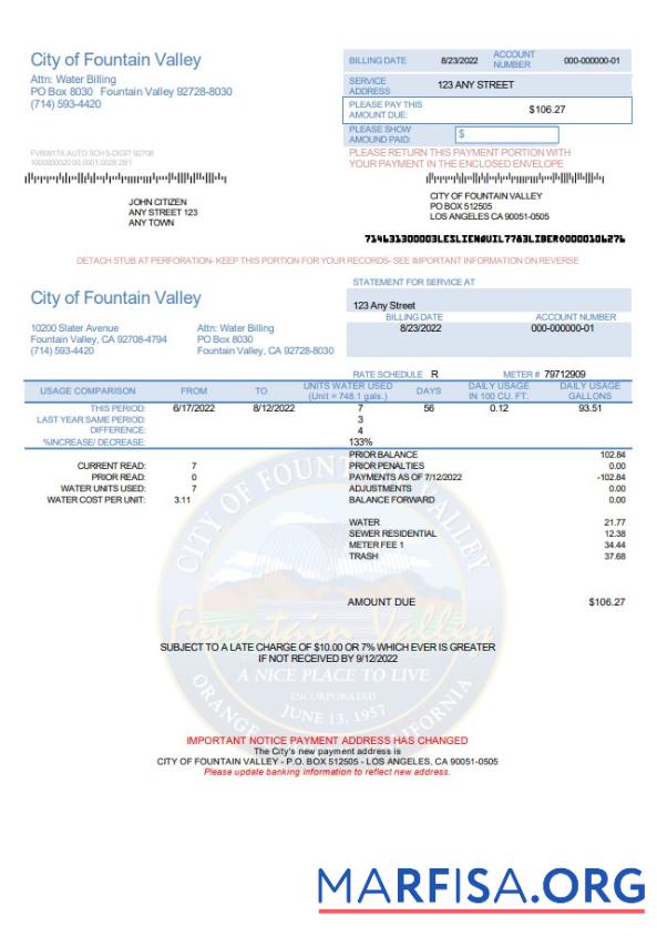 Blank USA California City of Fountain Valley utility bill template in Word and PDF format
